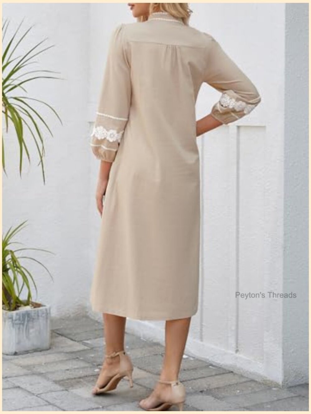 Embroidered Lace Floral Tunic Dress 3/4 Puff Sleeve V Neck Midi - Picture 6 of 6